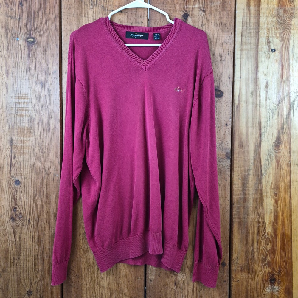 Greg Norman Mens XL V-Neck Cotton Sweater Berry Red Shark Logo
